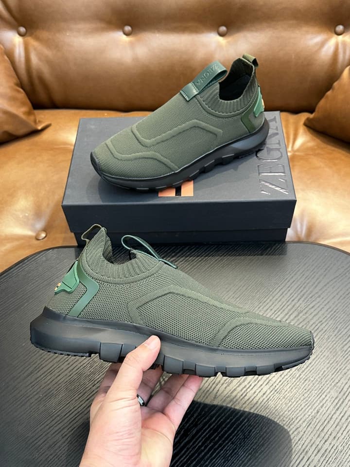 Zegna Techmerino Slip-On Sneakers in Dark Navy With Green Accent