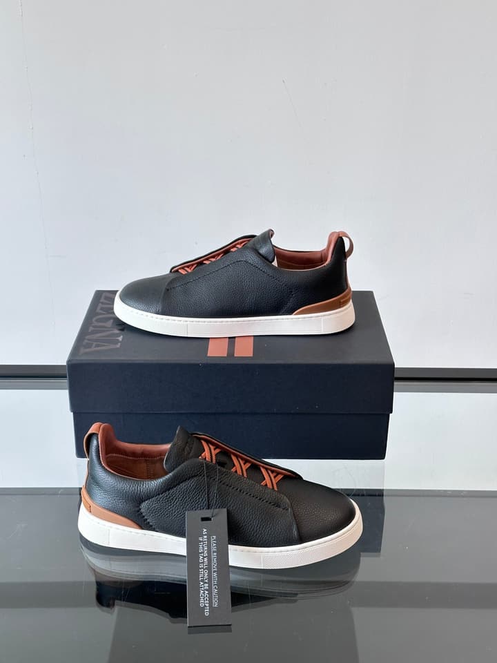 Zegna Men's Low-Top Leather Sneakers in Black & White