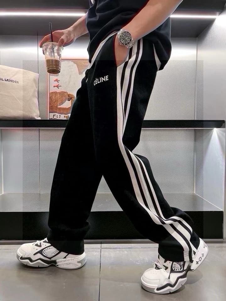 Celine Side-Striped Logo Drawstring Pants – 23SS in Black With White Side Stripes