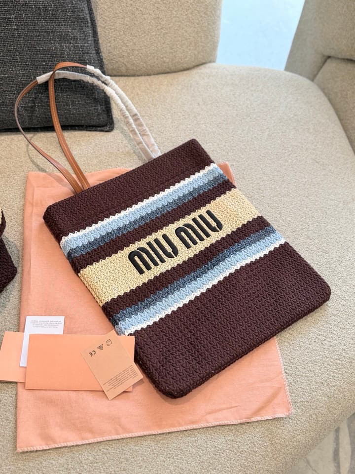 Miu Miu Striped Crochet Tote Bag in Brown Striped Horizontal Crochet Tote