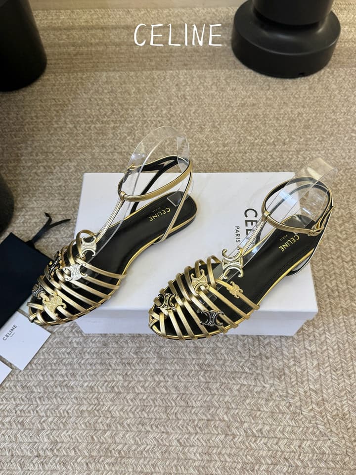 Celine Triomphe Ankle Strap Sandals – Spring/Summer Collection in Black - Large Logo Flats