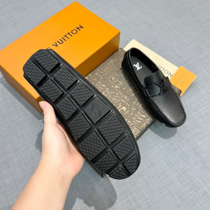 Louis Vuitton Men's Grained Leather Driving Shoes in Dark Gunmetal Hardware