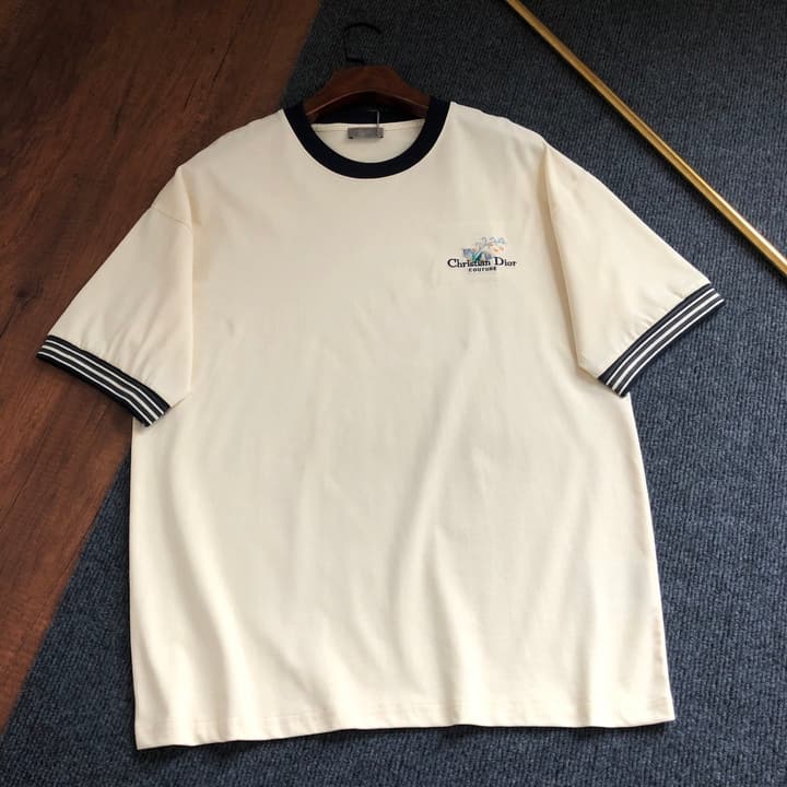 Dior Embroidered Logo T-Shirt – 2026SS in Apricot Ringer With Navy Collar