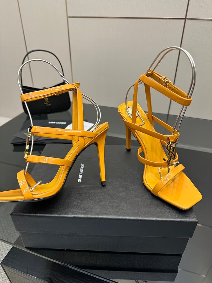 Saint Laurent Patent Leather Heeled Sandals in Bright Amber