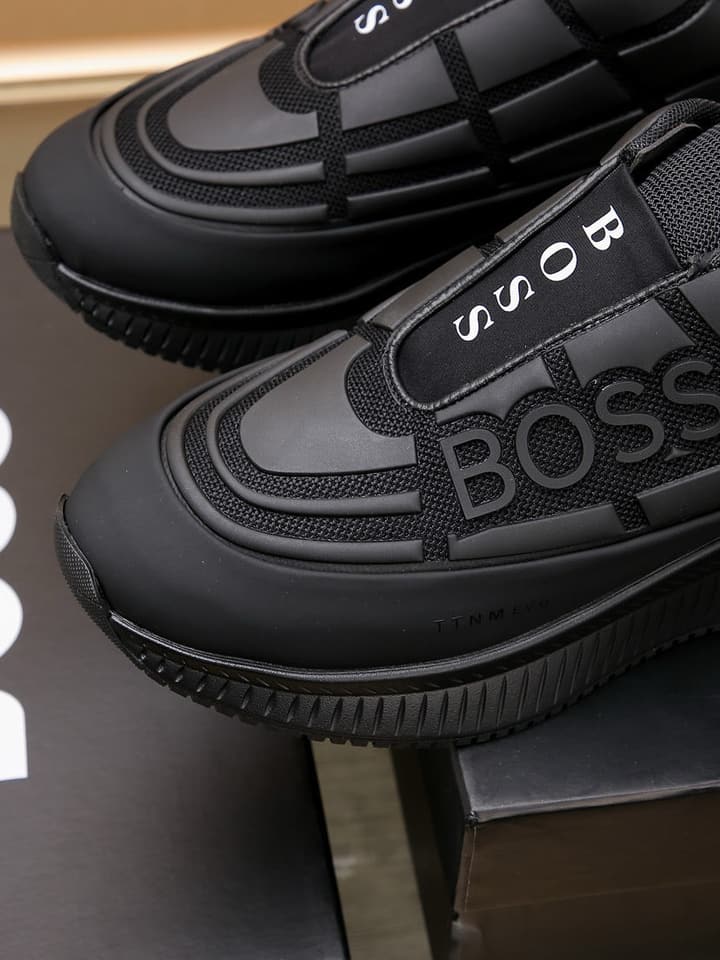 Boss New Men's Luxury Athletic Sneakers in Black With White Detail