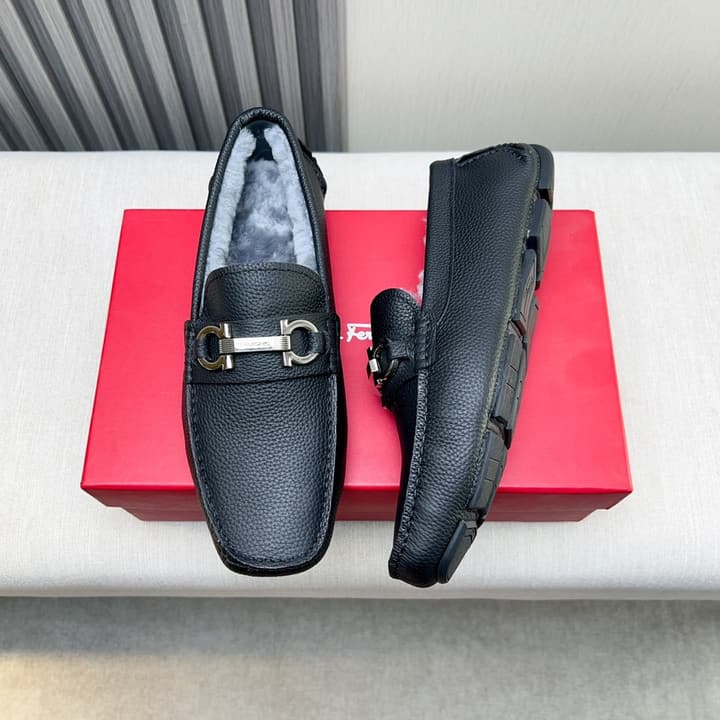 Ferragamo Imported Cowhide Fur-Lined Loafers in Black Patent Leather
