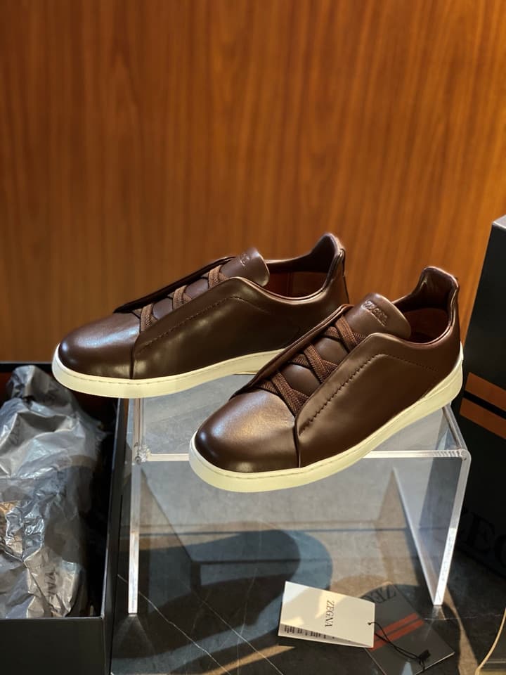 Zegna Triple Stitch Leather Sneakers in Black Smooth Leather