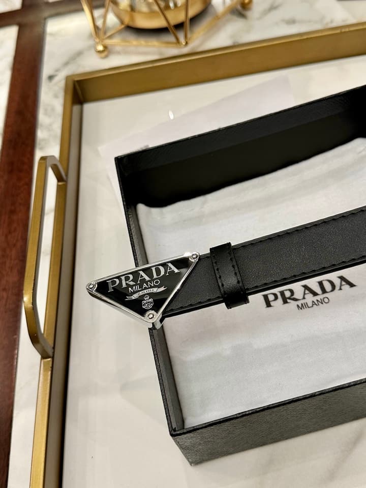 Prada Classic Fashion Belt – 3.0cm in Saffiano Black Leather With Silver Buckle