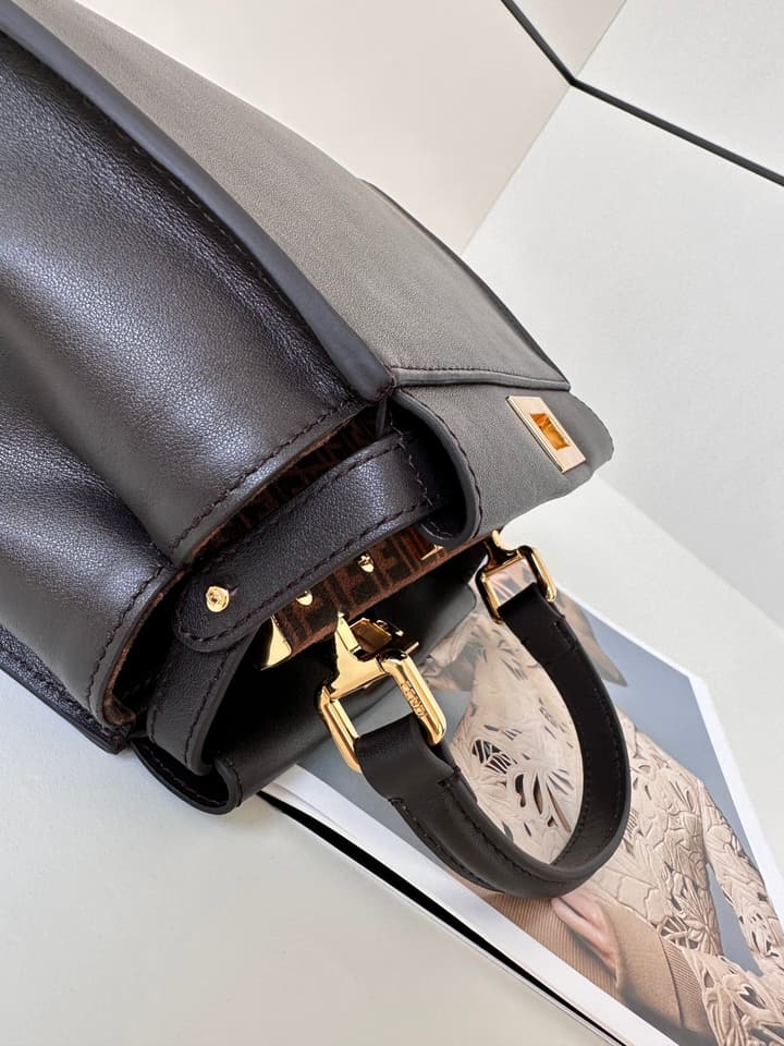 Fendi Peekaboo Classic Calfskin Satchel in Dark Coffee Brown Leather