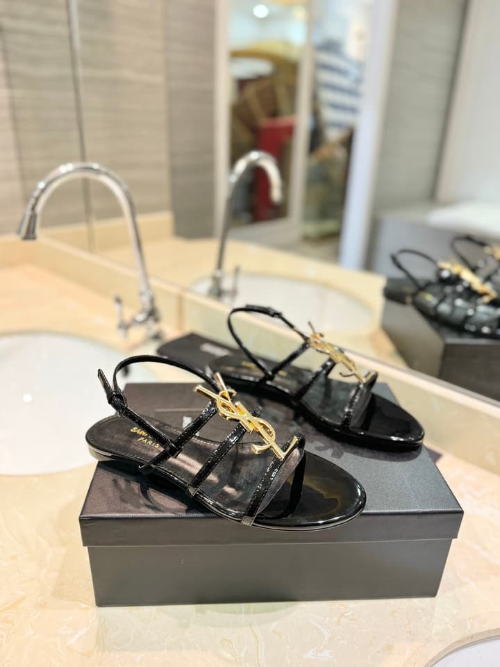 Saint Laurent YSL Metal Logo Heeled Sandals in Matte Black Criss-cross Strap Sandal