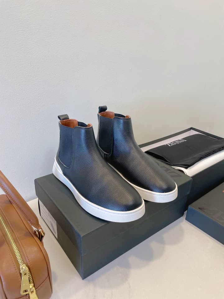 Zegna COUTURE Triple Stitch Leather Sneakers in Black Suede With Dark Sole