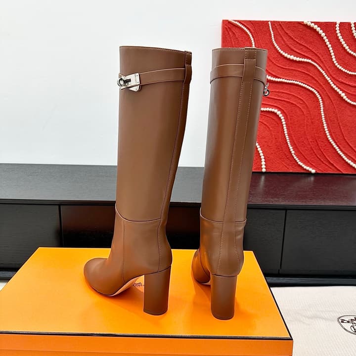 Hermès Kelly Buckle High Heel Knee-High Boots in Black Leather