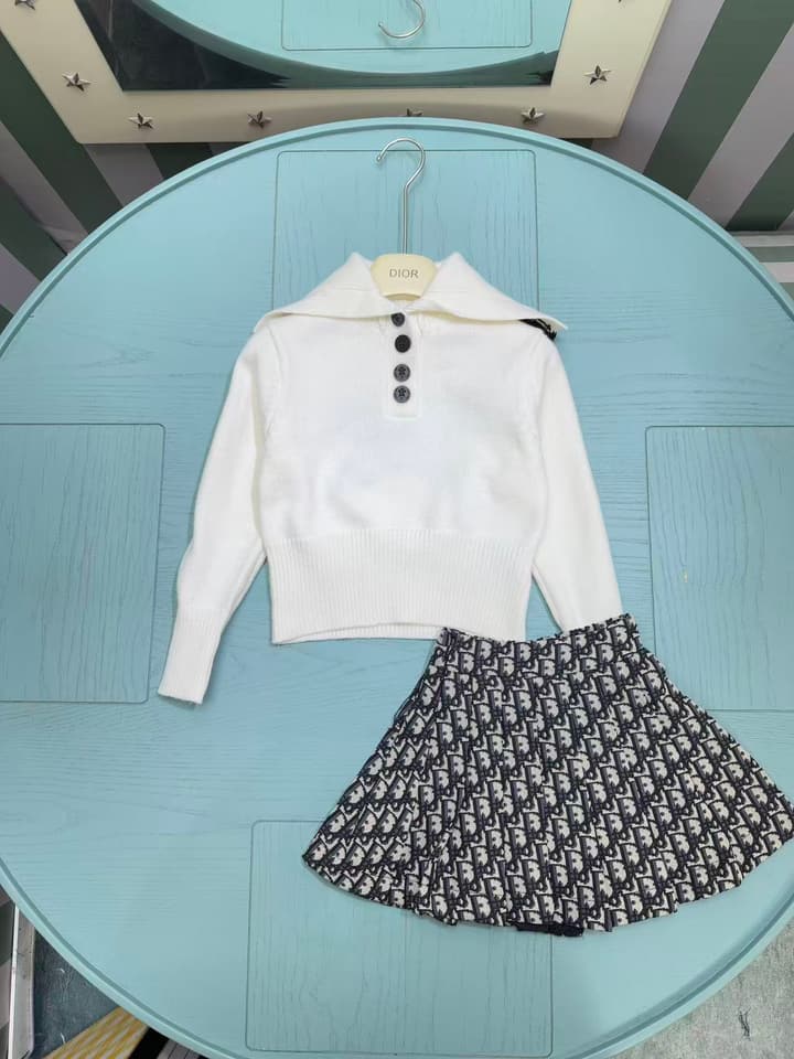 Dior Girl's Knitted Jacket and Skirt Set – Kids Collection – 2025SS in White Sailor Knit & Monogram Skirt Set