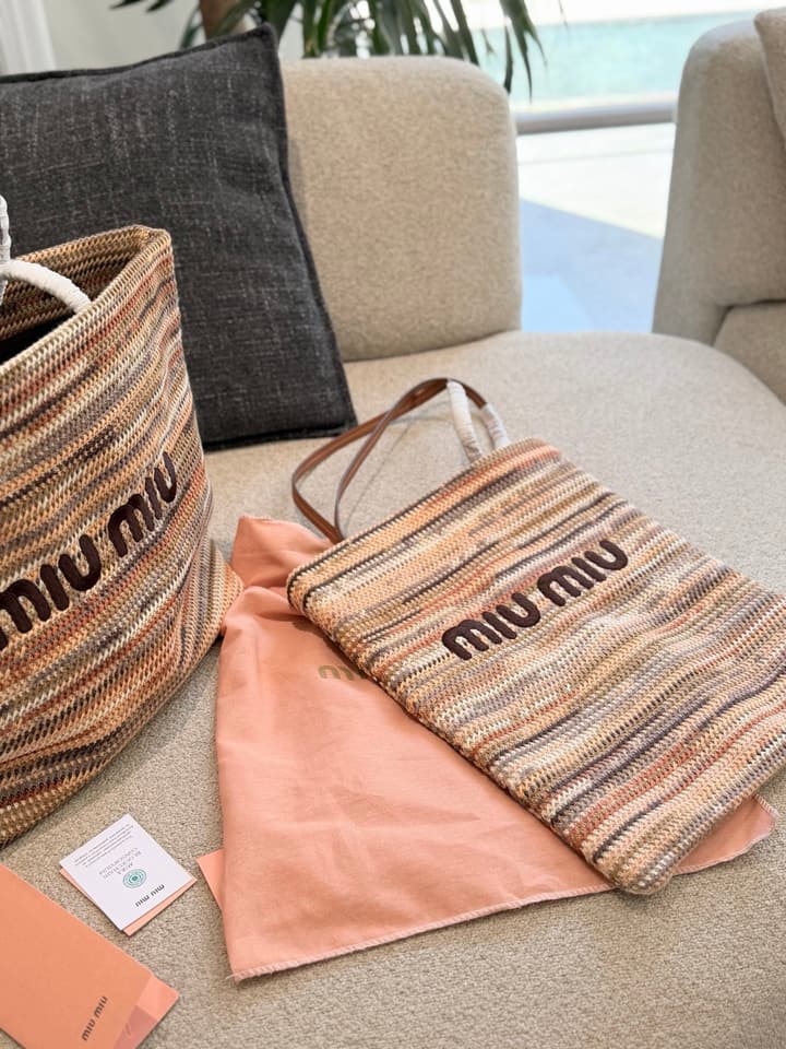 Miu Miu Knit Woven Tote Bag – Vacation Collection in Milk Tea Multi-Color Knit