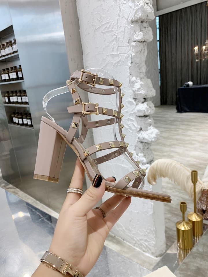 Valentino Studded Classic Block Heel Sandals in Black With Black Studs 6.5cm Heel