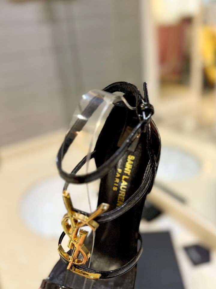 Saint Laurent YSL Logo Lacquer Heeled Sandals in Black Matte With Black Logo