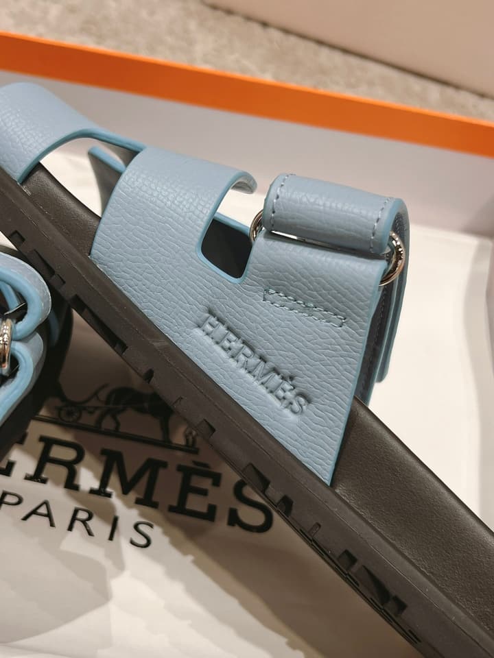 Hermès Chypre Suede Unisex Slides in Black With Dark Blue Strap