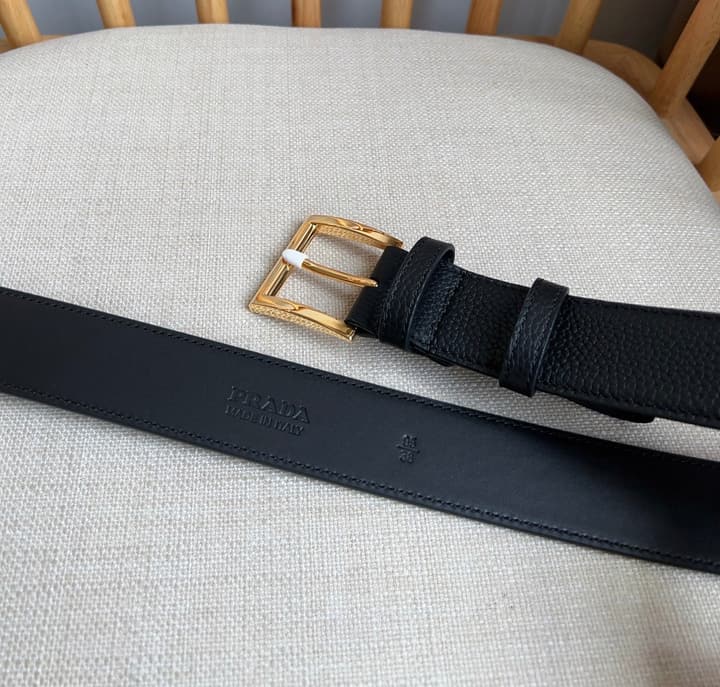 Prada Leather Belt with Triangle Logo in Black Leather Gold Buckle