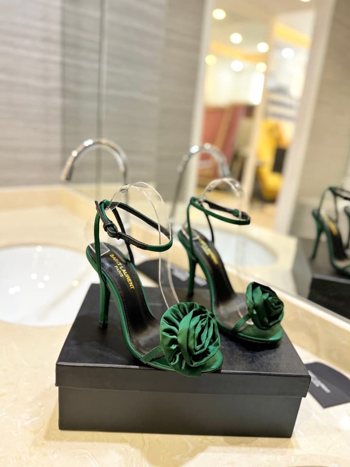 Saint Laurent YSL Flower Buckle Heeled Sandals in Black