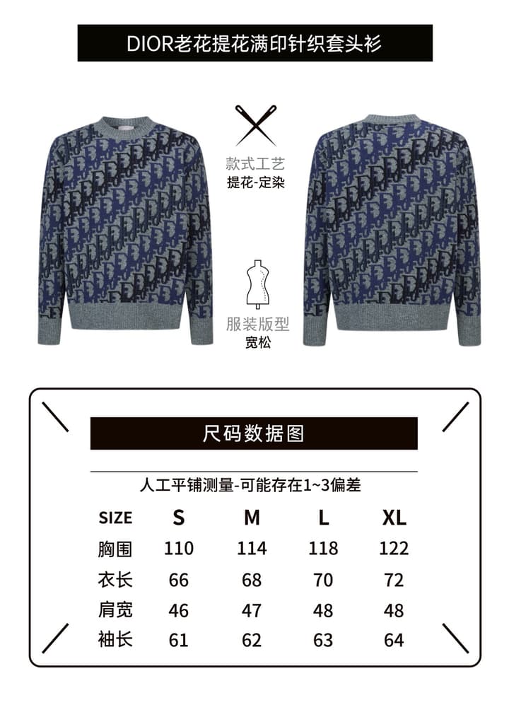 Dior Oblique Jacquard Wool Crewneck Sweater – 2026SS in Navy Oblique With Light Blue Trim
