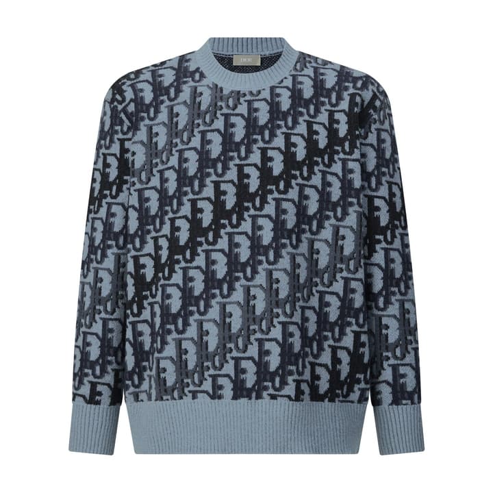 Dior Oblique Jacquard Wool Crewneck Sweater – 2026SS in Navy Oblique With Light Blue Trim