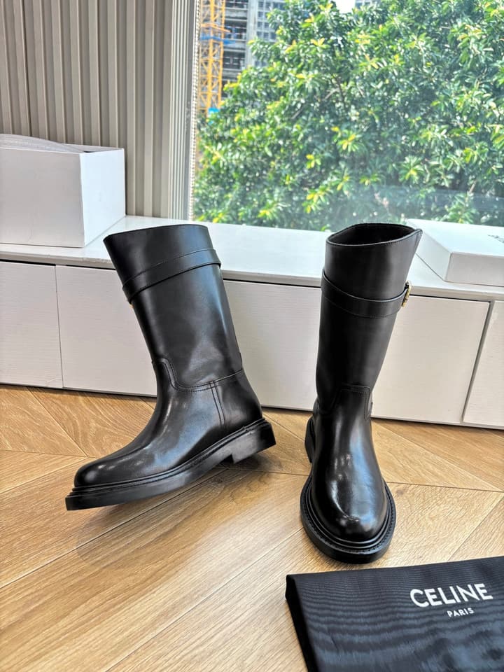 Celine Triomphe Knight Ankle Boots – 2025 Fall/Winter Collection in Black And Brown Leather Display