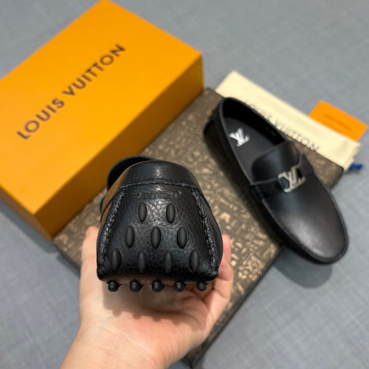 Louis Vuitton Men's Grained Leather Driving Shoes in Dark Gunmetal Hardware