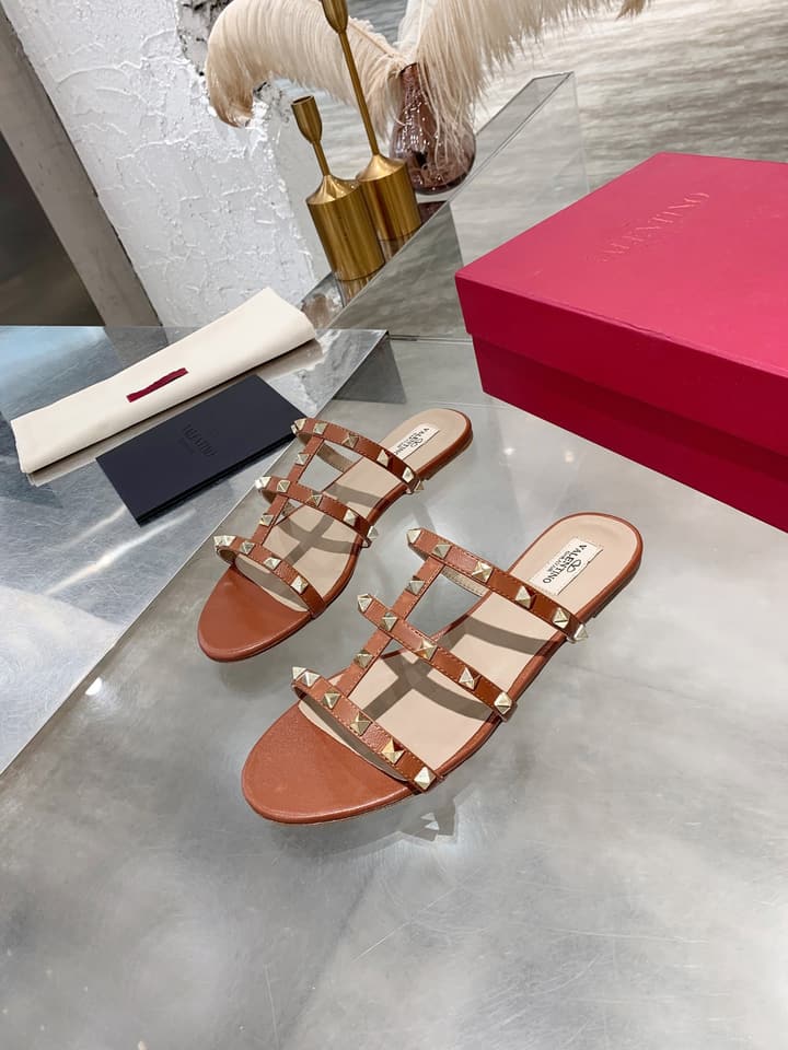 Valentino Studded Sheepskin Flat Sandals in Black