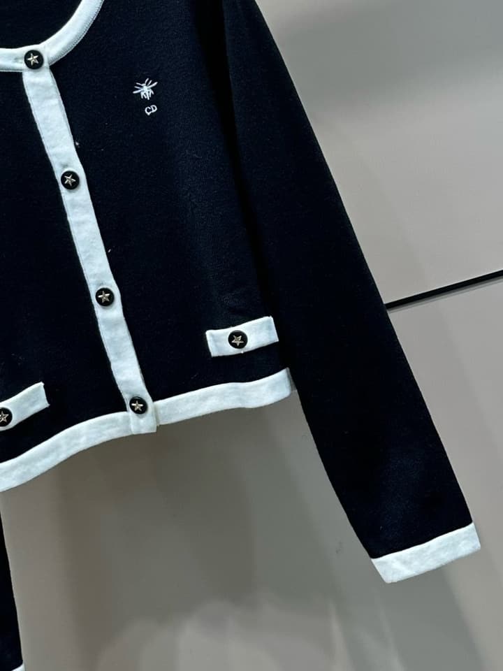 Dior CD Bee Embroidery Knit Cardigan in Black With White Trim