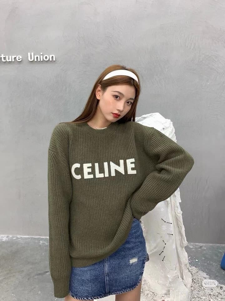 Celine Classic Embroidered Crewneck Sweater in Army Green