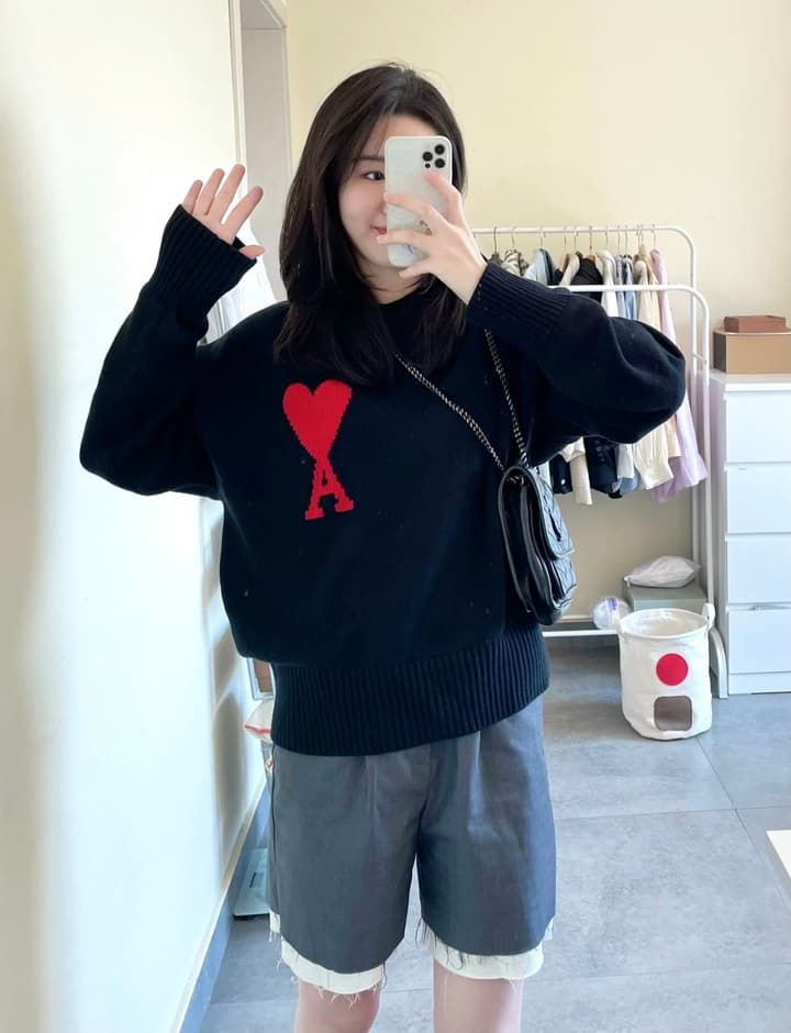 AMI Paris Heart Letter Knitted Sweater in Black With Red Heart