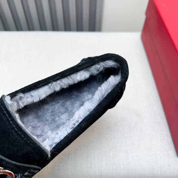 Ferragamo Imported Cowhide Fur-Lined Loafers in Black Patent Leather