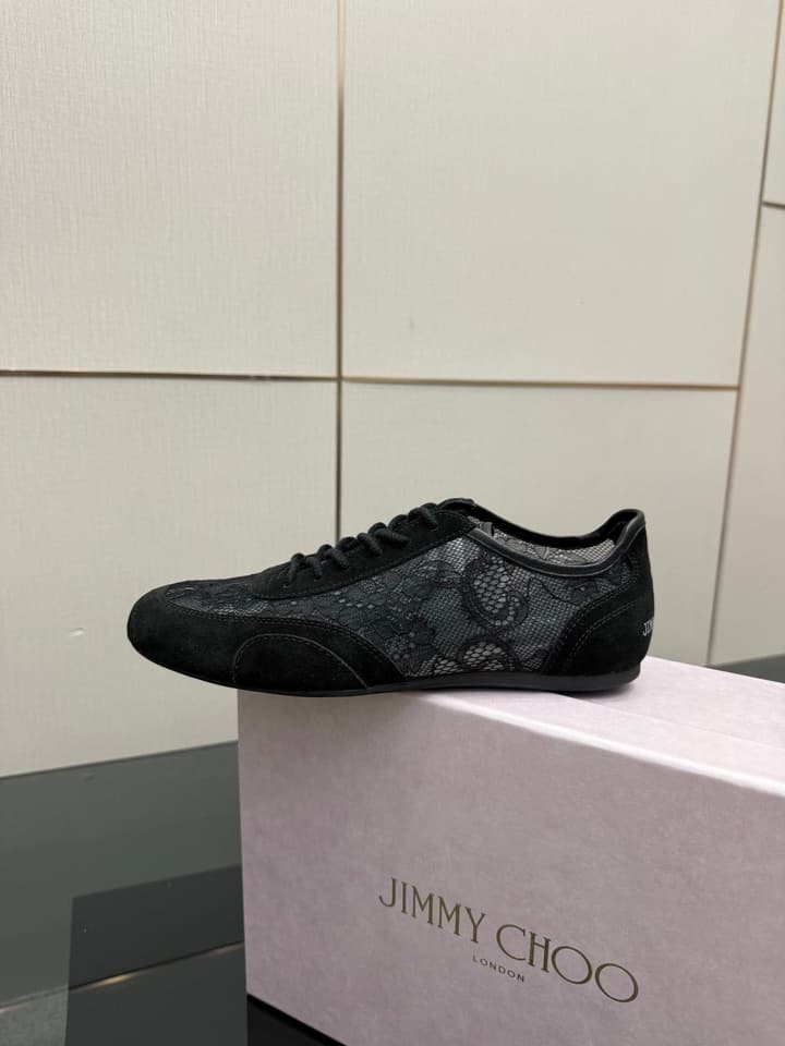 Jimmy Choo Lace-Trimmed Suede Sneakers in Black Lace