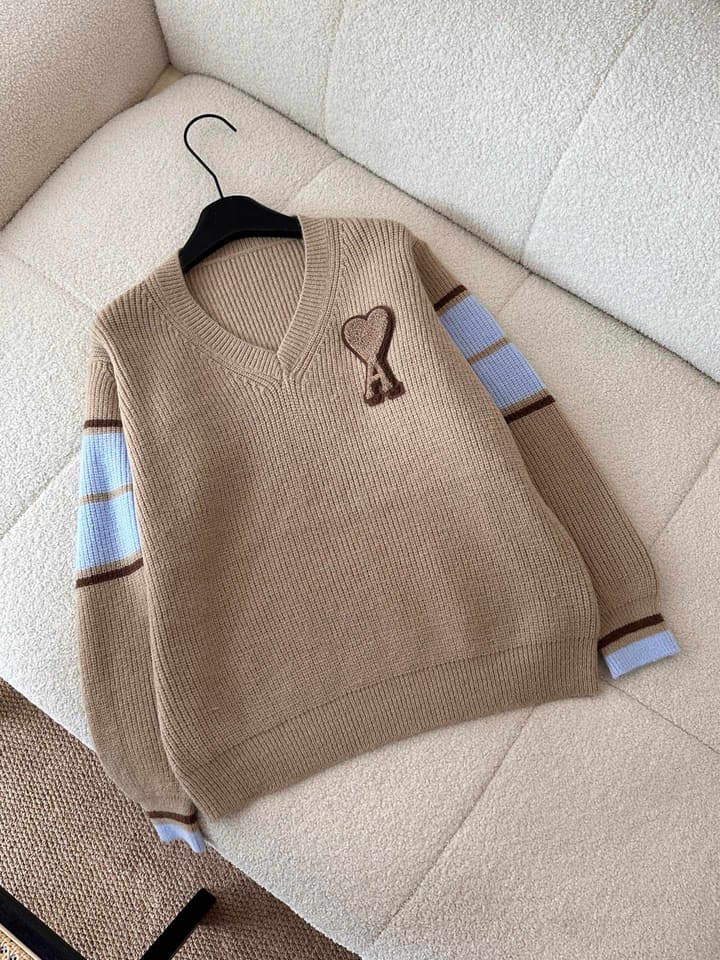 AMI Paris Warm Khaki V-Neck Sweater in Warm Khaki With Blue Color Block Sleeves
