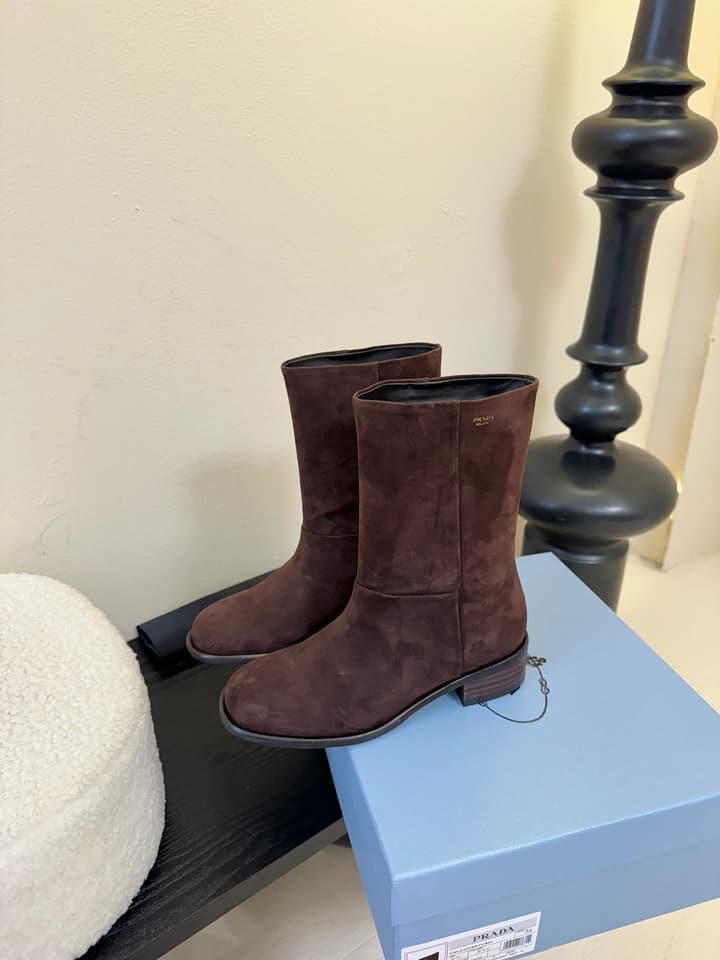 Prada Thick-Sole Knight Boots – 25SS in Dark Brown Suede