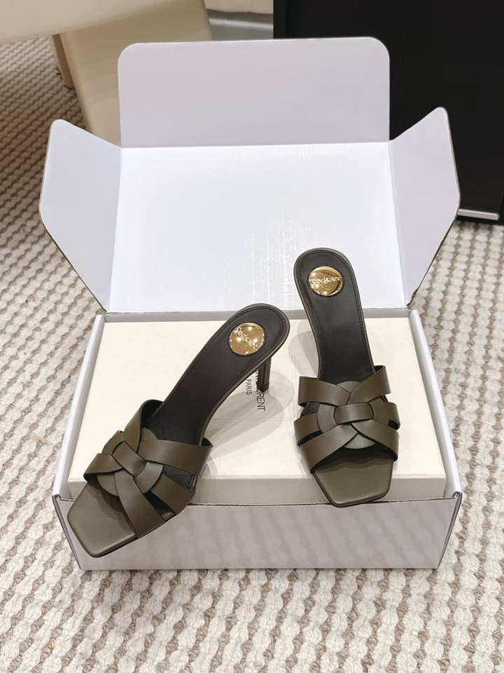Saint Laurent Melody Square-Toe Heeled Sandals – 2026 Spring/Summer Collection in Beige Patent