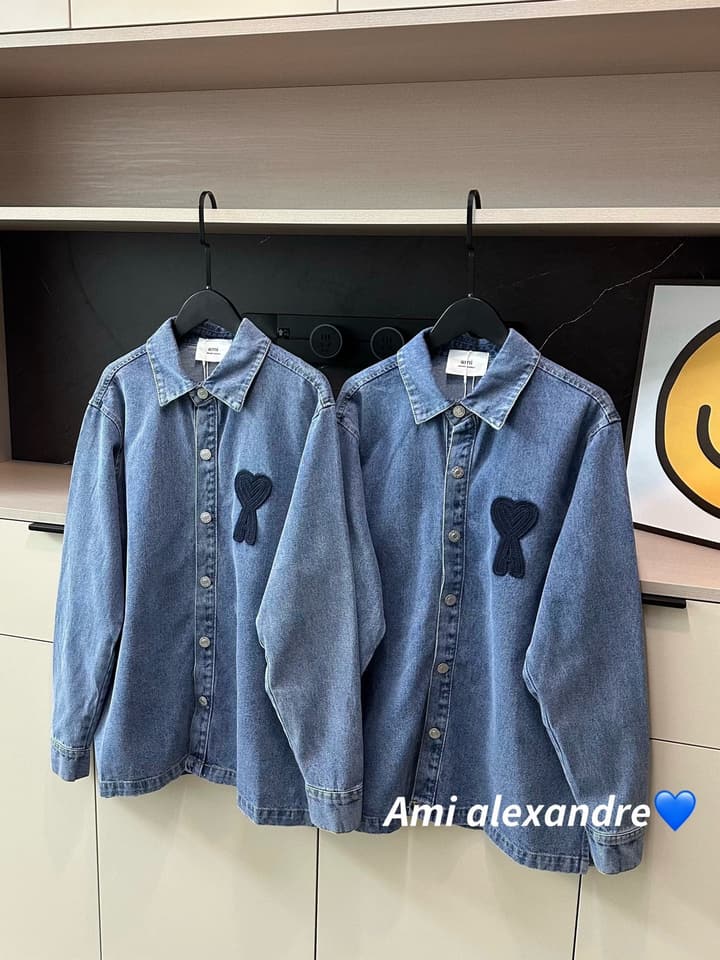 AMI Paris Heart Embroidery Distressed Denim Jacket in Distressed Blue Denim