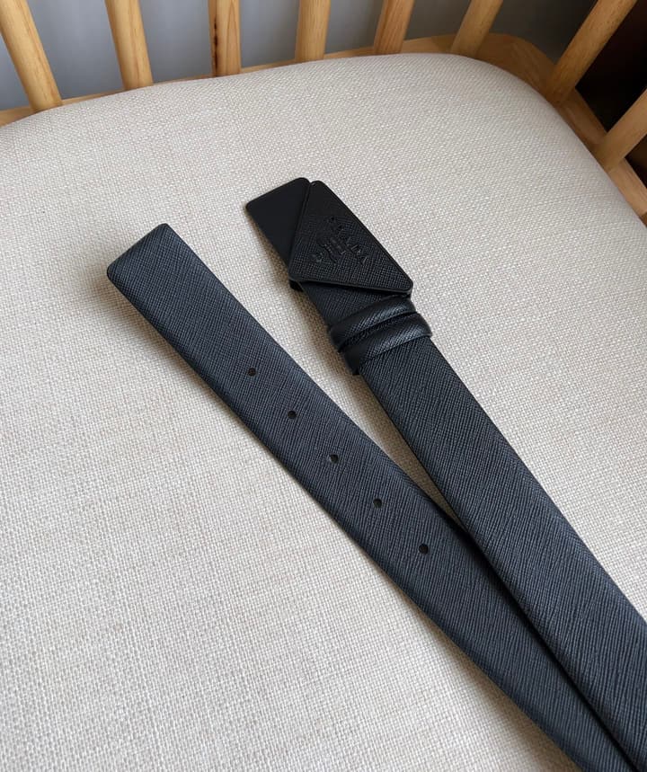 Prada Triangle Logo Buckle Belt in Black Textured Leather With Black Buckle