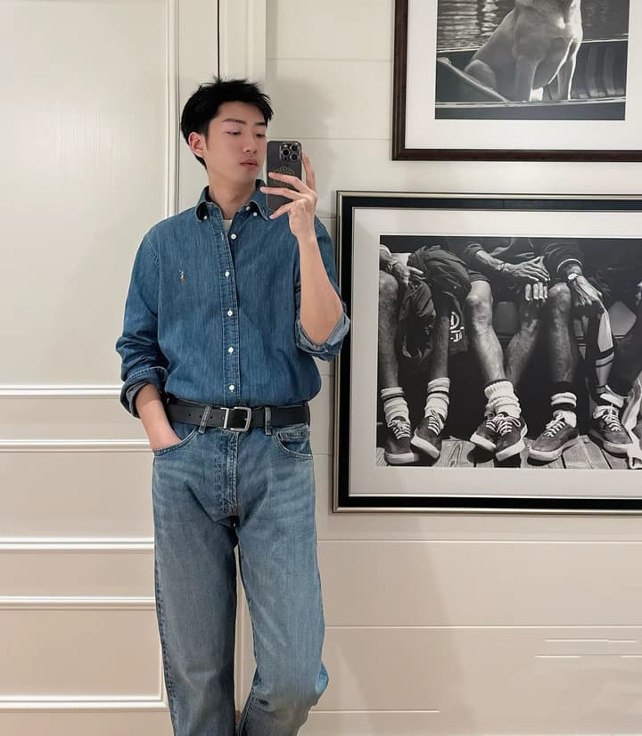 Ralph Lauren Washed Denim Shirt with Embroidered Logo in Dark Wash Denim Flat Lay