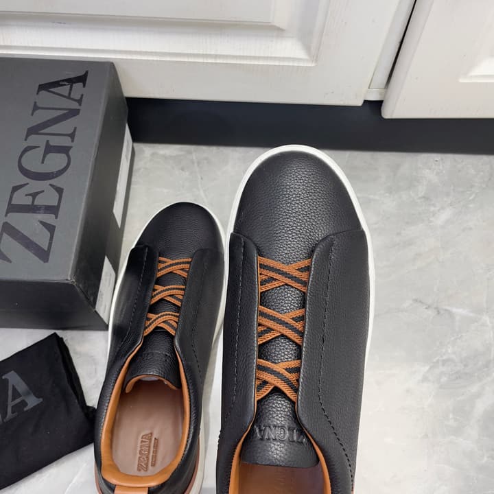 Zegna Triple Stitch Low-Top Sneakers in Navy Blue