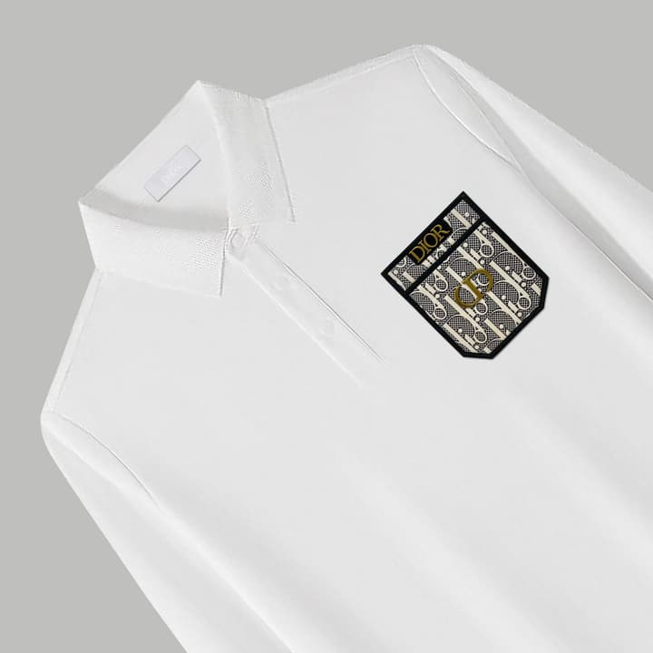 Dior Silk Long Sleeve Polo Shirt with Metal Patch in White With Solid Pocket