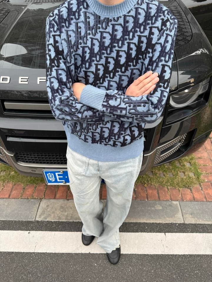 Dior Oblique Jacquard Wool Crewneck Sweater – 2026SS in Navy Oblique With Light Blue Trim