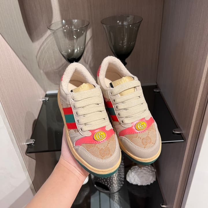Gucci Rhyton Distressed Kids' Sneakers – Kids Collection – 2023SS in Cream With Blue Flower Design