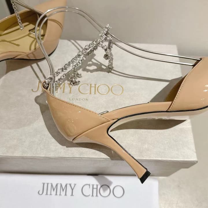 Jimmy Choo Rhinestone Cross-Strap Kitten Heels – 2025 Spring/Summer Collection in Nude Patent Leather