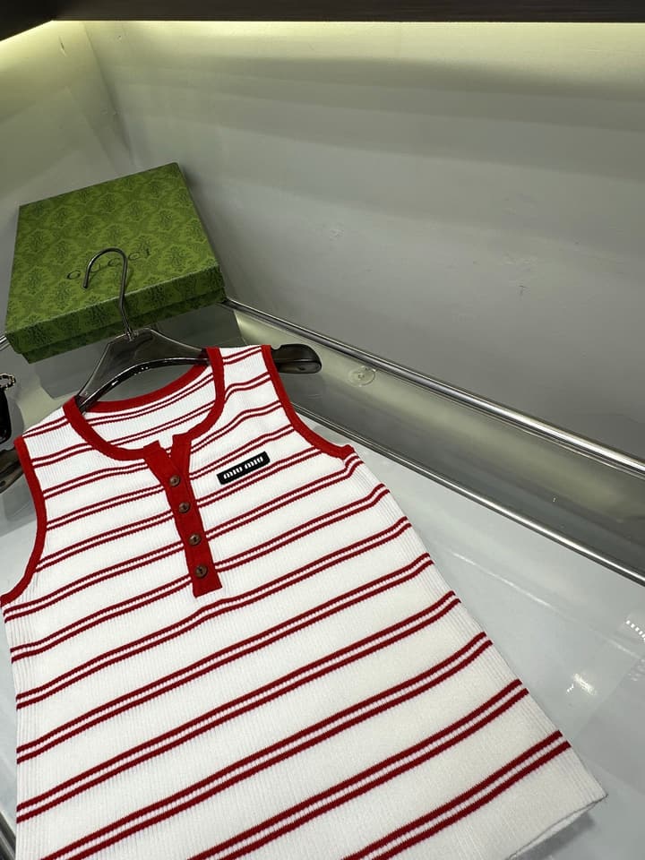 Miu Miu Striped Buttoned Slim-Fit Tank Top in Coffee