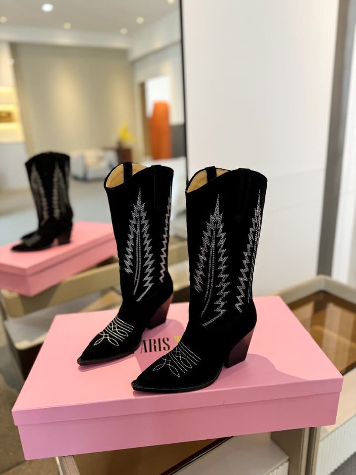 Paris Texas Embroidered Knee-High Boots in Black Suede