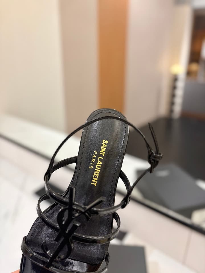Saint Laurent YSL Metal Logo Heeled Sandals in Matte Black Criss-cross Strap Sandal