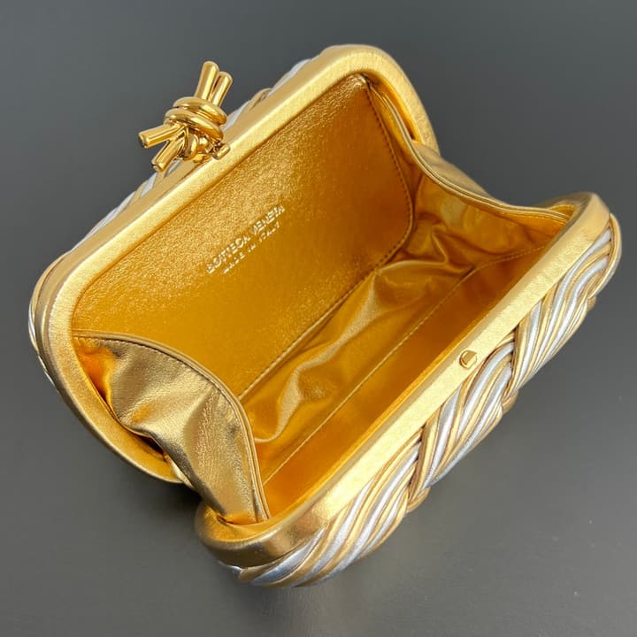 Bottega Veneta Kont Two-Tone Evening Clutch Bag in Gold And Silver Woven Leather