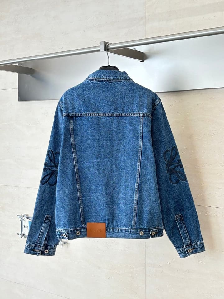 Loewe Embroidered Washed Distressed Denim Jacket in Washed Black