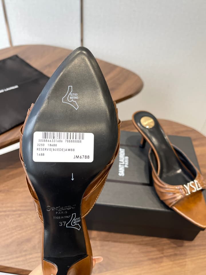 Saint Laurent Pointed Toe Stiletto Heeled Sandals – 26SS in Black - Gold Logo Plaque
